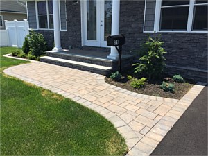 gray tan brick paver walkway front flared walk faststak velarde cultured stone boulder creek step stoop veneer